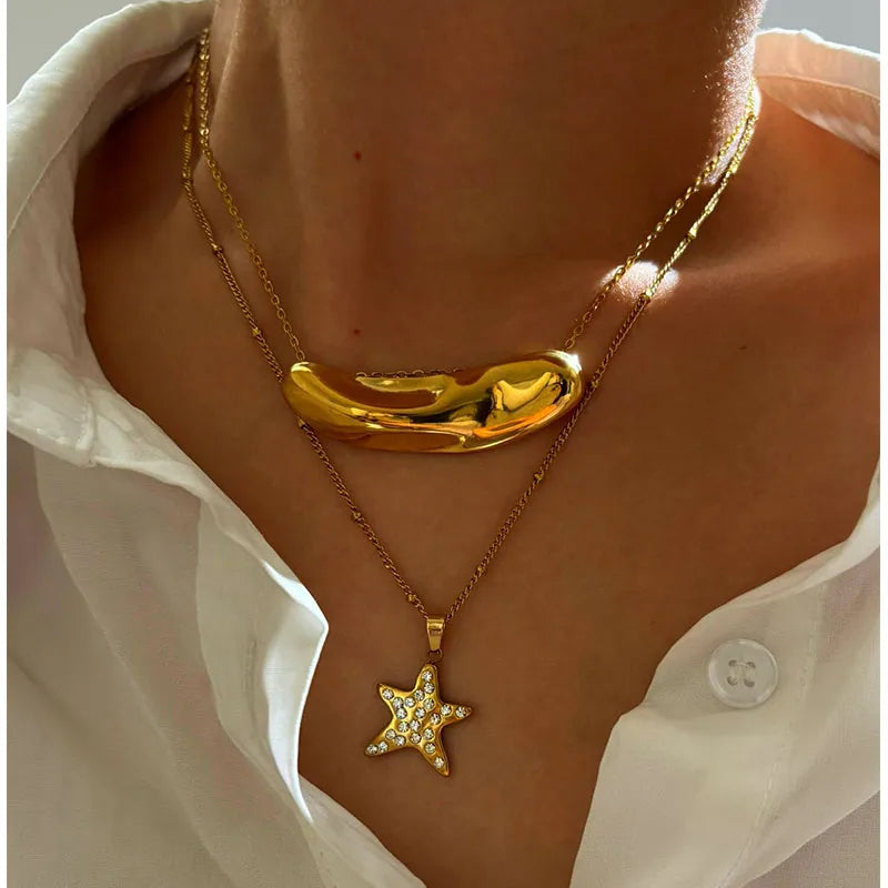 Layered Gold Necklace Set – Star Pendant & Statement Chain (Waterproof Jewelry)