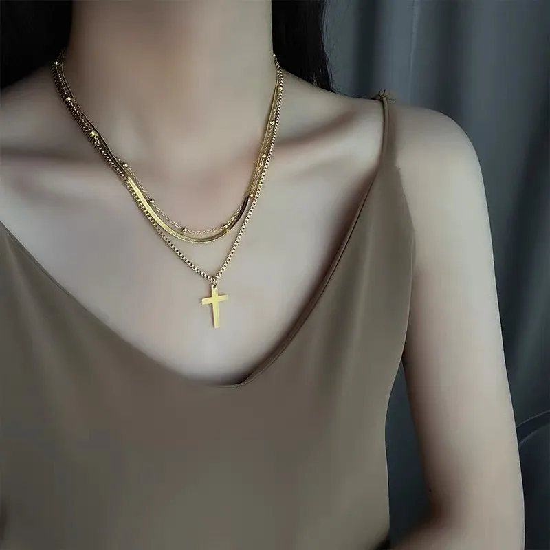 Luxury Layered Cross Necklace Set – Gold Waterproof Jewelry