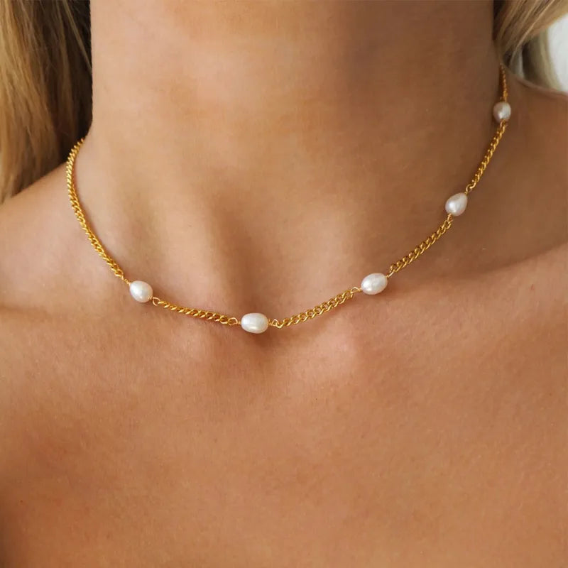 Minimal Pearl Necklace – Gold Chain Waterproof Jewelry